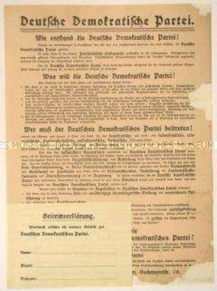 Programmatischer Beitrittsaufruf der Deutschen Demokratischen Partei mit ihrer Gründungsgeschichte und Zielsetzung