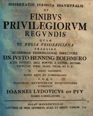 Dissertatio Ivridica Inavgvralis De Finibvs Privilegiorvm Regvndis