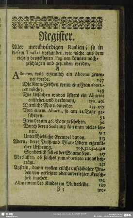 Register. Aller merckwürdigen Realien, so in diesem Tractat vorhanden, wie solche aus dem richtig beygefügten Paginen können nachgeschlagen uind gefunden werden