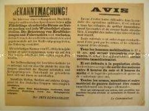 Maueranschlag für die besetzten Gebiete in Westeuropa mit Verordnungen der Besatzungsmacht über die Ausganssperre und für Flüchtlingstreks (zweisprachig)