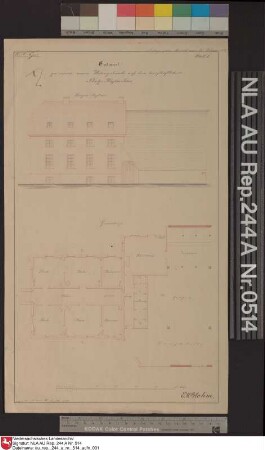 Ansicht und Grundriß vom Wohnhaus der Domäne Kloster Schoo bei SCHOO Kolorierte Zeichnung von H. Balke Papier Format 24,7x42,6 M 1:130