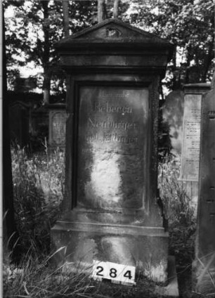 Grabstein 284 (Index: 99629785) Material: Sandstein Zustand: verwittert mit Textverlust Maße HxBxT: 150x60x34 cm Beschreibung: Stele, getreppter Sockel, Giebel, rechteckiges Schriftfeld eingetieft: Grabstein 284