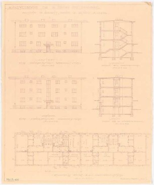 Fluchtlinien- und Aufbauplan Monatskonkurrenz Februar 1929: Grundriss einer Dreizimmerwohnung 1:100; Aufriss Vorderansicht und Rückansicht eines dreistöckigen Hauses, dazu 2 Querschnitte 1:100; Maßangaben