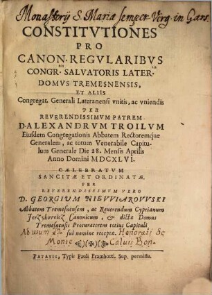 Constitutiones pro canon. Regularibus Congreg. Tremesnensis