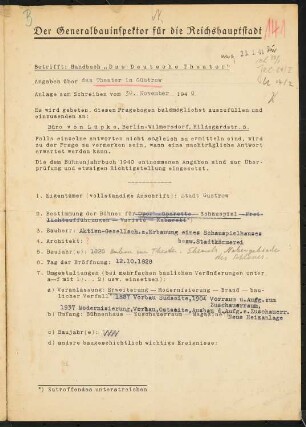 Stadttheater, Güstrow: Fragebogen für das Handbuch »Das Deutsche Theater«, vierseitiges Dokument
