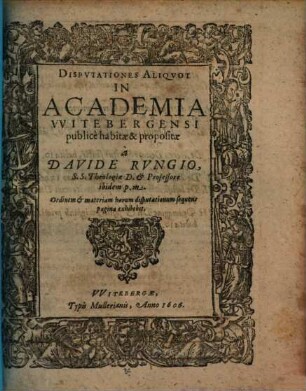 Dispvtationes Aliqvot In Academia VVitebergensi