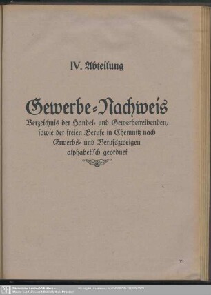 Vierte. Abteilung. Berufsklassen und Gewerbebetriebe : Vierte. Abteilung. Gewerbe-Nachweis