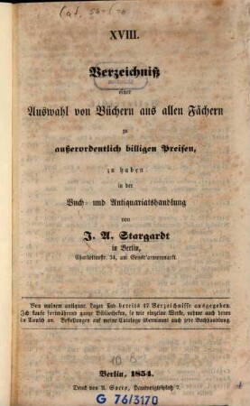 Katalog : [Gezählte Reihe]. [Auch m. d. Tit.:] Verzeichniss ... [Auch m. d. Tit.:] Bücher-Verzeichniss ... [Auch m. französ. Tit.]. 18