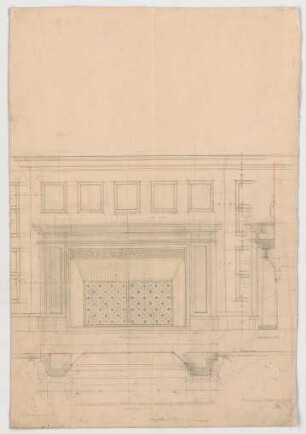 Thiersch, Friedrich von; München; Haus für Handel und Gewerbe - Kamin im Börsensaal (Grundriss, Ansicht, Schnitt)