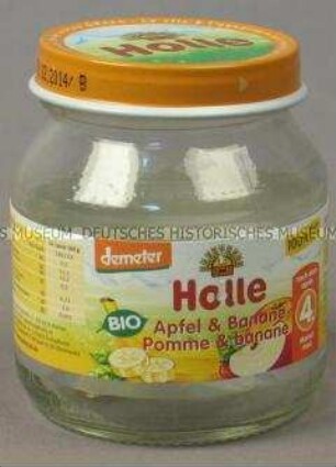 Babynahrung: Apfel und Banane, Glas mit Deckel, leer