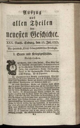 XXX. Nachl. Coburg, den 27. Jul. 1757.