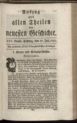 XXX. Nachl. Coburg, den 27. Jul. 1757.
