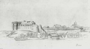 Kokengauzen (Koknese), Stadt und Schloß am Fluß Düna in Livland (linke Bildhälfte)