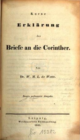 Kurzgefasstes exegetisches Handbuch zum Neuen Testament, 2,2. Kurze Erklärung der Briefe an die Corinther
