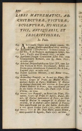 170-213, Libri Mathematici, Architecturae, Picturae, Sculpturae, Numismatici, Antiquarii, et Inscriptiones, In Folio
