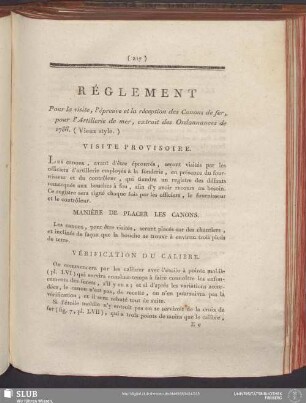 Réglement Pour la visite, l'épreuve et la réception des Canons de fer, pour l'Artillerie de mer, extrait des Ordonnances de 1786. (Vieux style)