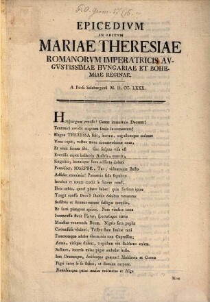 Epicedion in obitum Mariae Theresiae anno 1780 ... : = Trauergedicht auf Marien Theresien