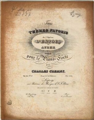 Trois thèmes favoris de l'opéra L'Estocq de Auber : variés pour le piano-forte ; op. 343. 1. Pl.Nr. 2506. - 11 S.