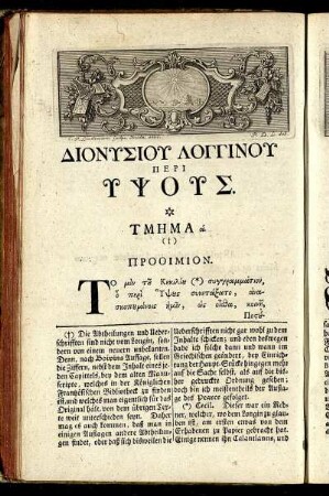 Διονυσιου Λογγινου Περι Υψους. = Dionysius Longin vom Erhabenen.