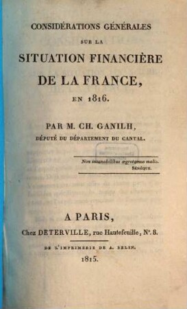 Considerations générales sur la situation financière de la France, en 1816