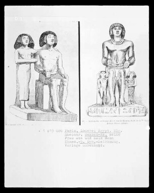 Zeichnung einer Statuengruppe aus der ägyptischen Sammlung des Louvre, Sekhem-Ka mit seiner Frau Ata und seinem Sohn Khnem
