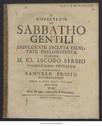 Dissertatio De Sabbatho Gentili