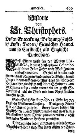 Dessen Entdeckung, Besetzung, Zufälle, Lufft, Boden, Gewächs, Handel und so Caribische als Englische Einwohner