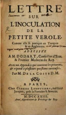 Lettre sur l'inoculation de la petite verole
