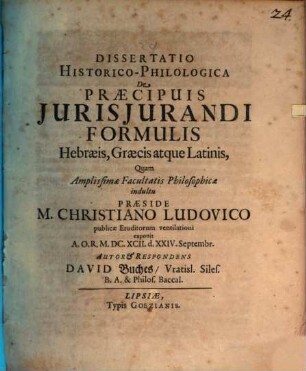Diss. ... de praecipuis iurisiurandi formulis Hebraeis, Graecis atque Latinis