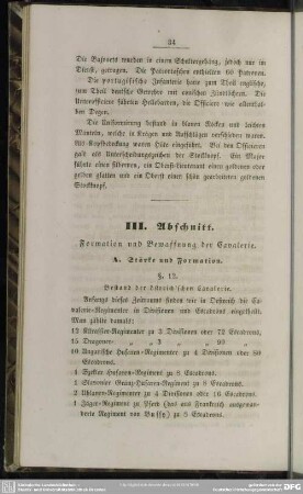 III. Abschnitt. Formation und Bewaffnung der Cavalerie
