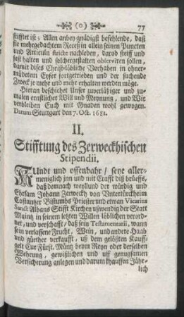II. Stifftung des Zerweckhischen Stipendii.