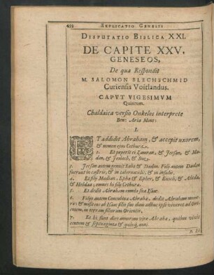 Disputatio Biblica XXI. De capite XXV. Geneseos, De qua Respondit M. Salomon Blechschmid