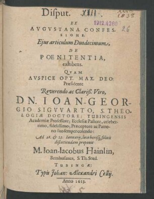 Disput. [...] Ex Augustana Confessione. Eius articulum Duodecimum, De Poenitentia, exhibens