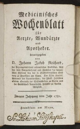 2: Medizinisches Wochenblatt, für Aerzte, Wundärzte, Apotheker und denkende Leser aus allen Ständen