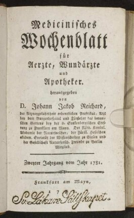 2: Medizinisches Wochenblatt, für Aerzte, Wundärzte, Apotheker und denkende Leser aus allen Ständen
