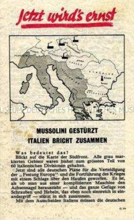 Abwurf-Flugblatt der Alliierten zum Sturz von Mussolini