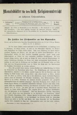 ¬Die¬ Lektüre der Kirchenväter an den Gymnasien : Referat, auf der Konferenz der bayerischen Gymnasialreligionslehrer am 16. Juli 1904 zu München erstattet