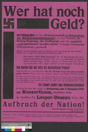 Plakat der NSDAP zu einer Rede von [Wilhelm Friedrich] Loeper am 4. Dezember 1930 in Braunschweig