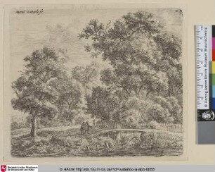 [Landschaft mit einem Pärchen; A man and a woman near a small bridge]