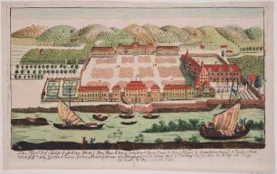 Das Schloss Pillnitz bei Dresden aus der Vogelperspektive, Gesamtanlage vom linken Ufer über die Elbe gesehen, nach 1780 (Bau des Englischen Pavillons)