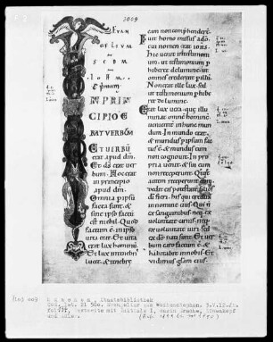 Evangeliar aus Weihenstephan — Initiale I (n principio) mit Drache, Löwenkopf und Symbol des Evangelisten Johannes, Folio 137recto