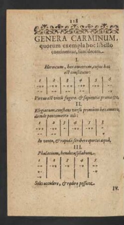 Genera Carminum, quorum exempla hoc libello continentur, sunt decem.