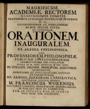 Magnificum. Academiae. Rectorem. Illustrissimos. Comites. ... Ad. Audiendam. Orationem. Inauguralem. De. Arbore. Philosophica ... D. XXVI. Aprilis. MDCCIV. Invitat ...
