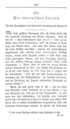 XVI. Die lateinischen Lettern. An den Herausgeber des Journals Hamburg und Altona.