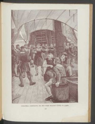 Columbus addressing his men when Roldan comes in cabin. - [Illustration]