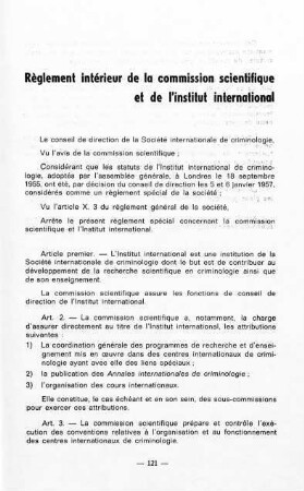 121-122, Réglement intérieur de la commission scientifique et de l'institut international