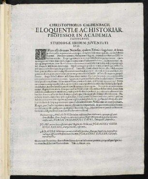 Christophorus Caldenbach, Eloquentiae Ac Historiar. Professor In Academia Tubingensi, Studiosae Ibidem Juventuti S. P. D.