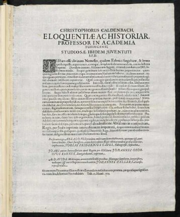 Christophorus Caldenbach, Eloquentiae Ac Historiar. Professor In Academia Tubingensi, Studiosae Ibidem Juventuti S. P. D.