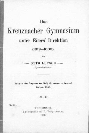 Das Kreuznacher Gymnasium unter Eilers' Direktion : (1819 - 1833)
