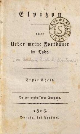 Elpizon oder Über meine Fortdauer im Tode, Erster Theil